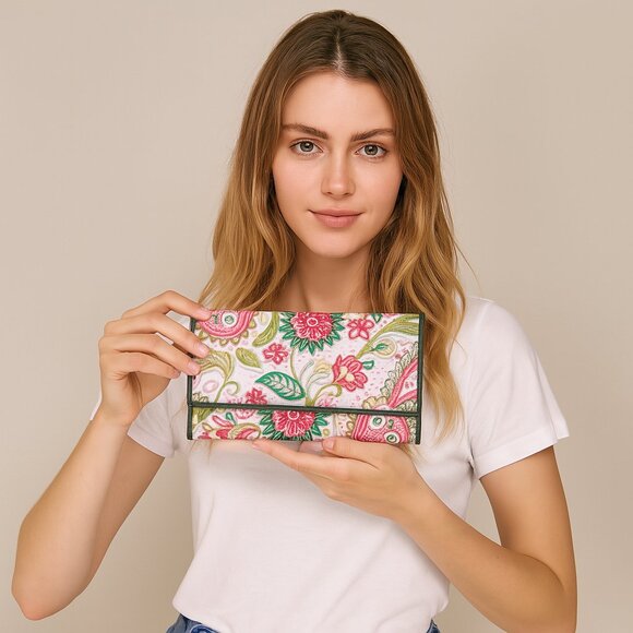 Paisley Printed Fabric Trifold Wallet & Card Holder – Women Organizer, ID Window - Picture 2 of 8